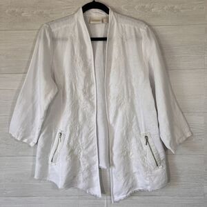 Chico’s 2 White Linen Blazer White Embroidered Flowers Zipper Pockets Raw Hem